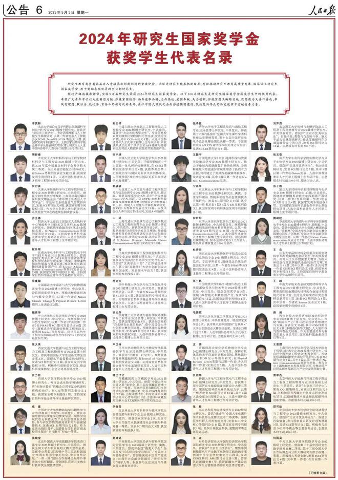 2024 年国家奖学金获奖学生代表名录（研究生本科生）